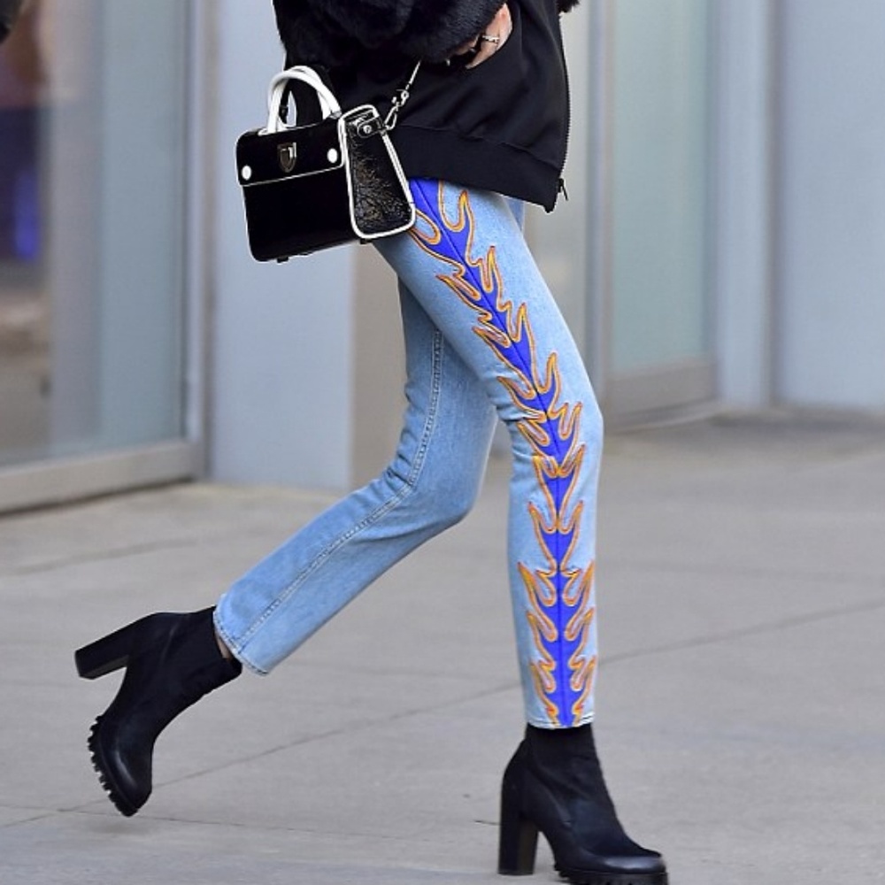 Sandro Blue Jeans with Orange and Purple Flame Design